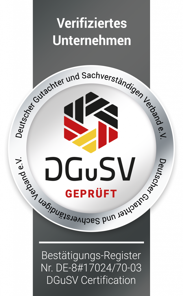 DGUV-zertifiziertes und verifiziertes Unternehmen – offizielles Prüfsiegel des Deutschen Gutachter- und Sachverständigenverbands (DGuSV).